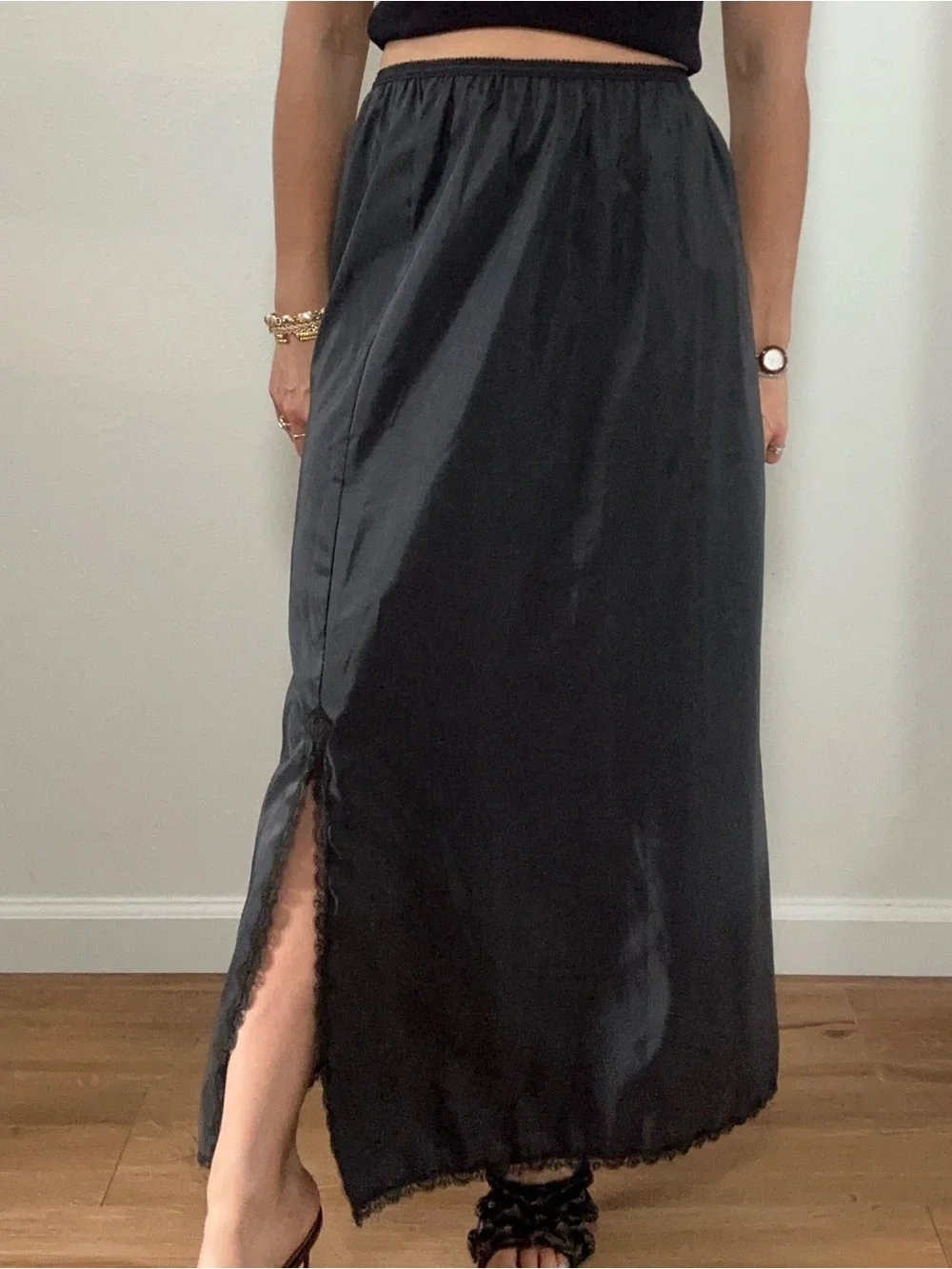 Vintage Sears 80's Black Maxi Skirt Slip Skirt Lace Trim Size M